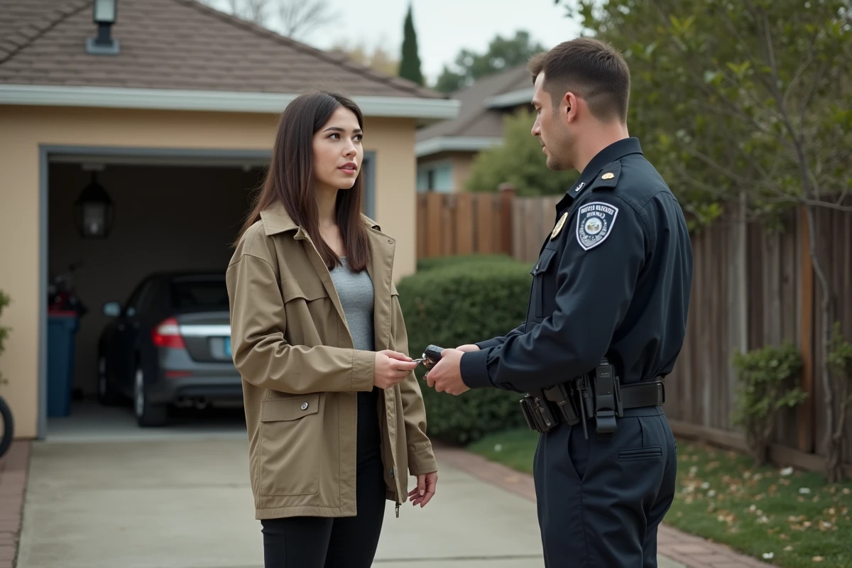 Jeune femme parlant à un officier près d