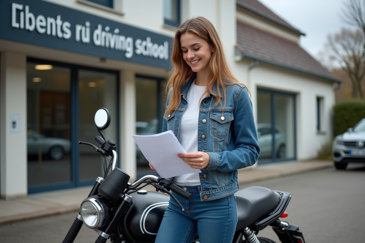 Jeune femme en denim près d'une moto à l'école de conduite