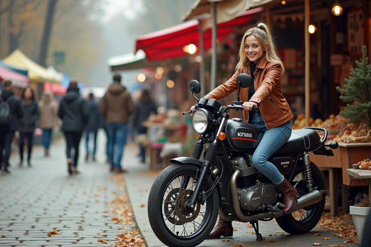 Jeune femme assise sur une moto KZ 400 lors d