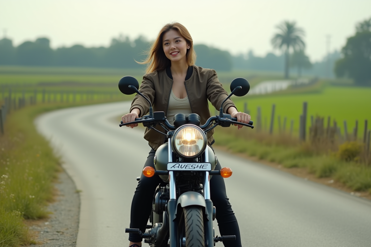 Jeune femme sur une moto Avenger 125cc en campagne