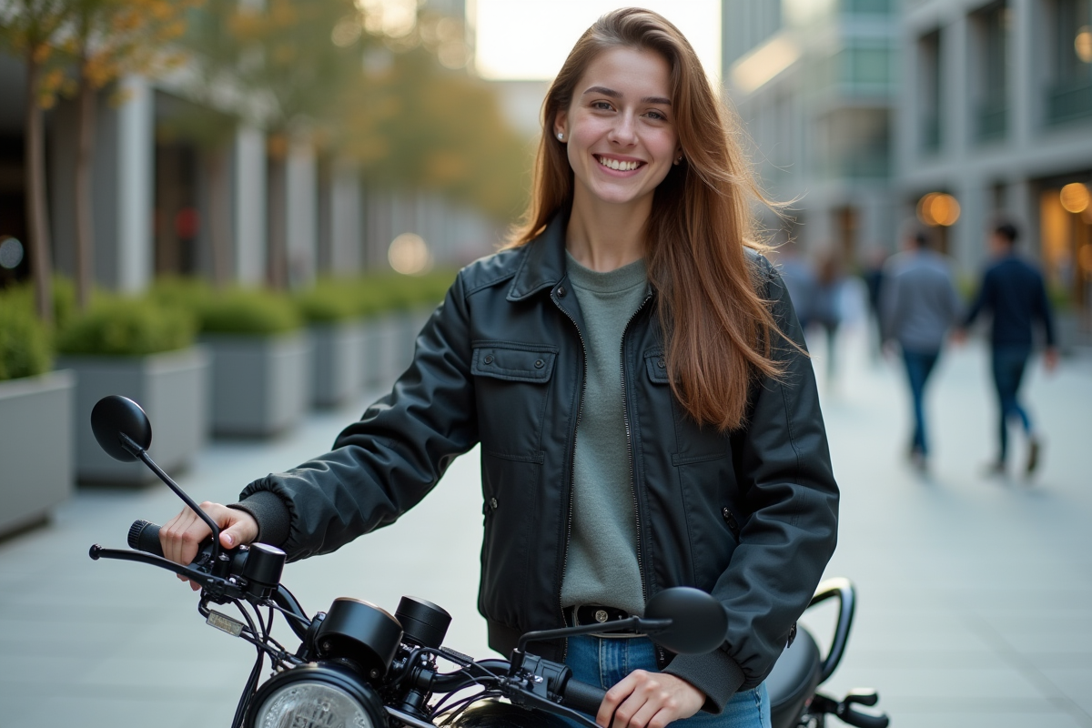 Jeune femme souriante avec sa moto 50cc dans un lieu urbain moderne