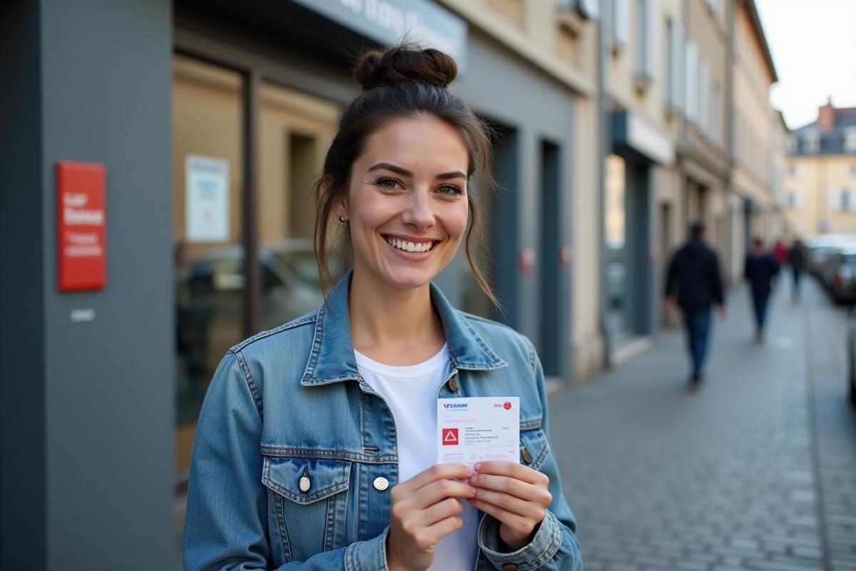 Femme souriante tenant son permis de conduire français