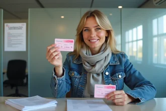 Femme souriante avec permis de conduire ancien et nouveau en bureau