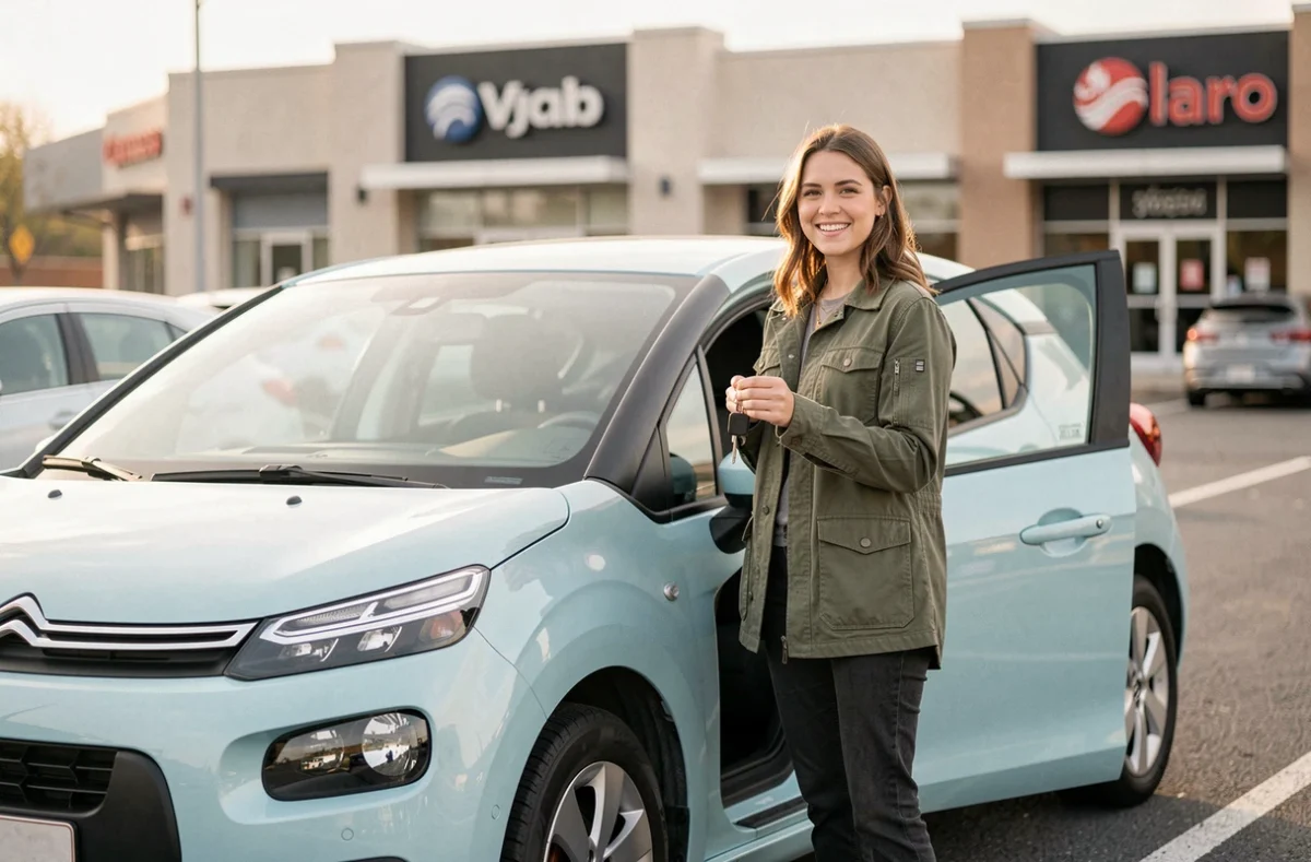 Jeune femme souriante tenant les clés de sa nouvelle Citroën C3 bleue dans un parking de banlieue, symbole d'un premier achat voiture réussi