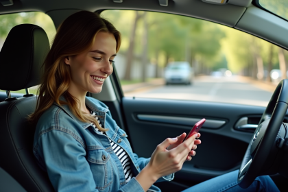 Jeune femme dans une voiture vérifiant son smartphone
