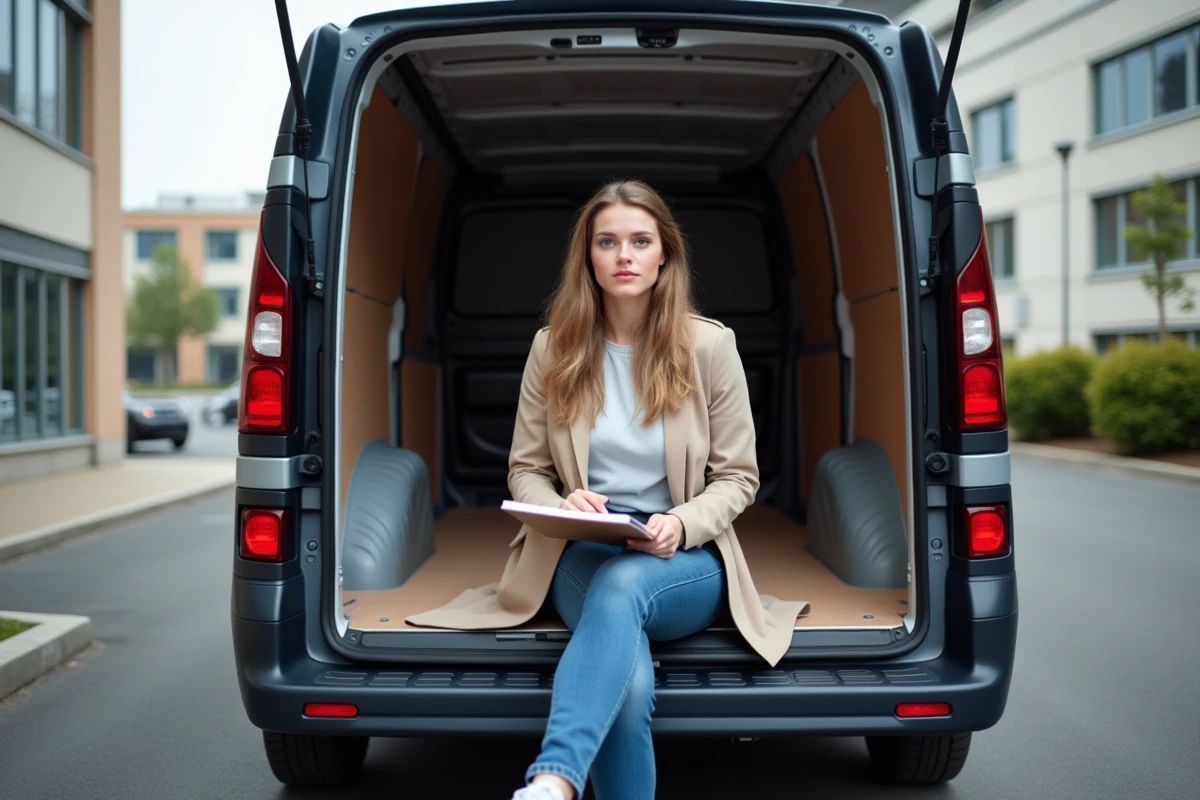 Jeune femme assise dans le coffre d’un van Trafic avec carnet