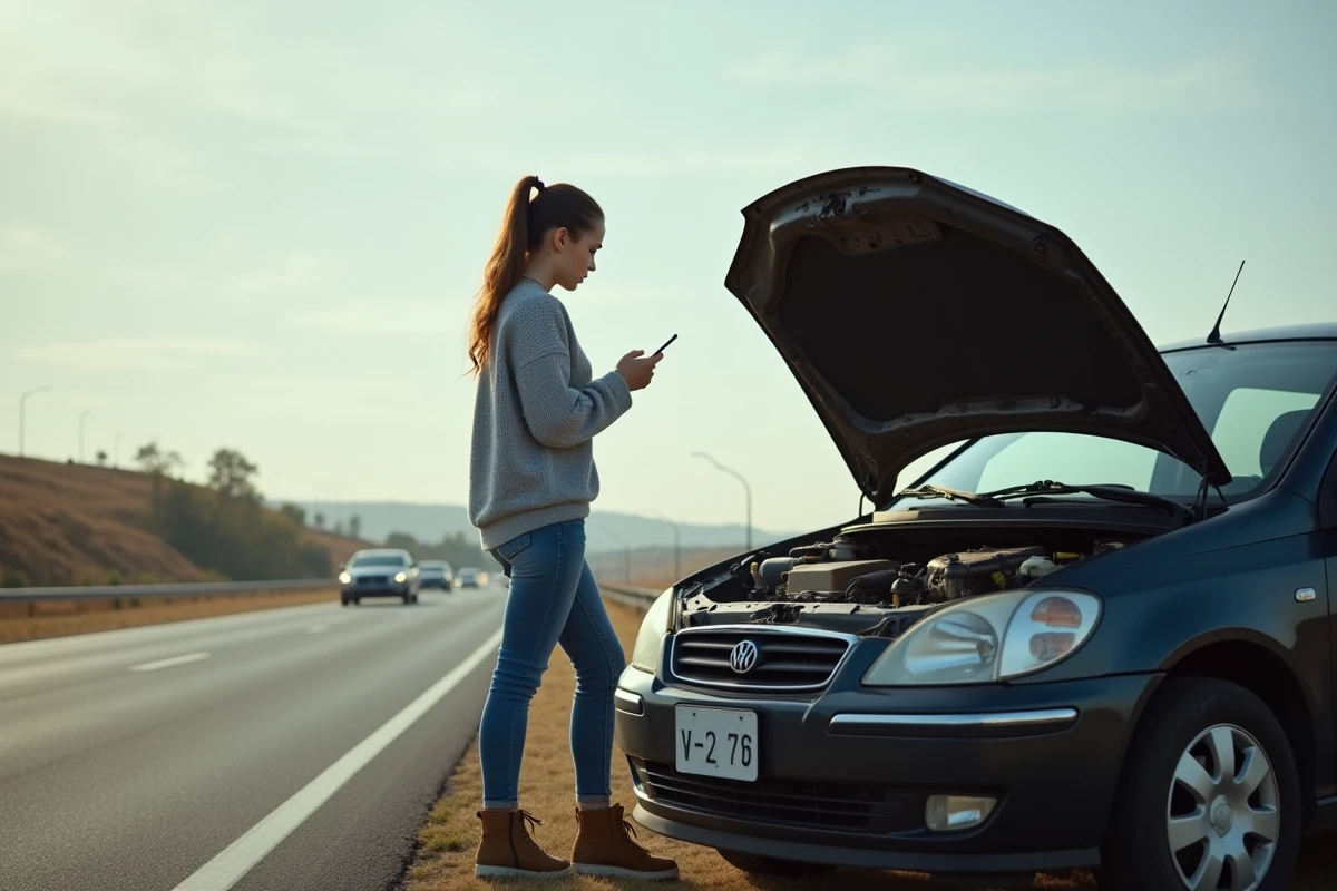 Jeune femme regardant son moteur cassé sur le bord de la route