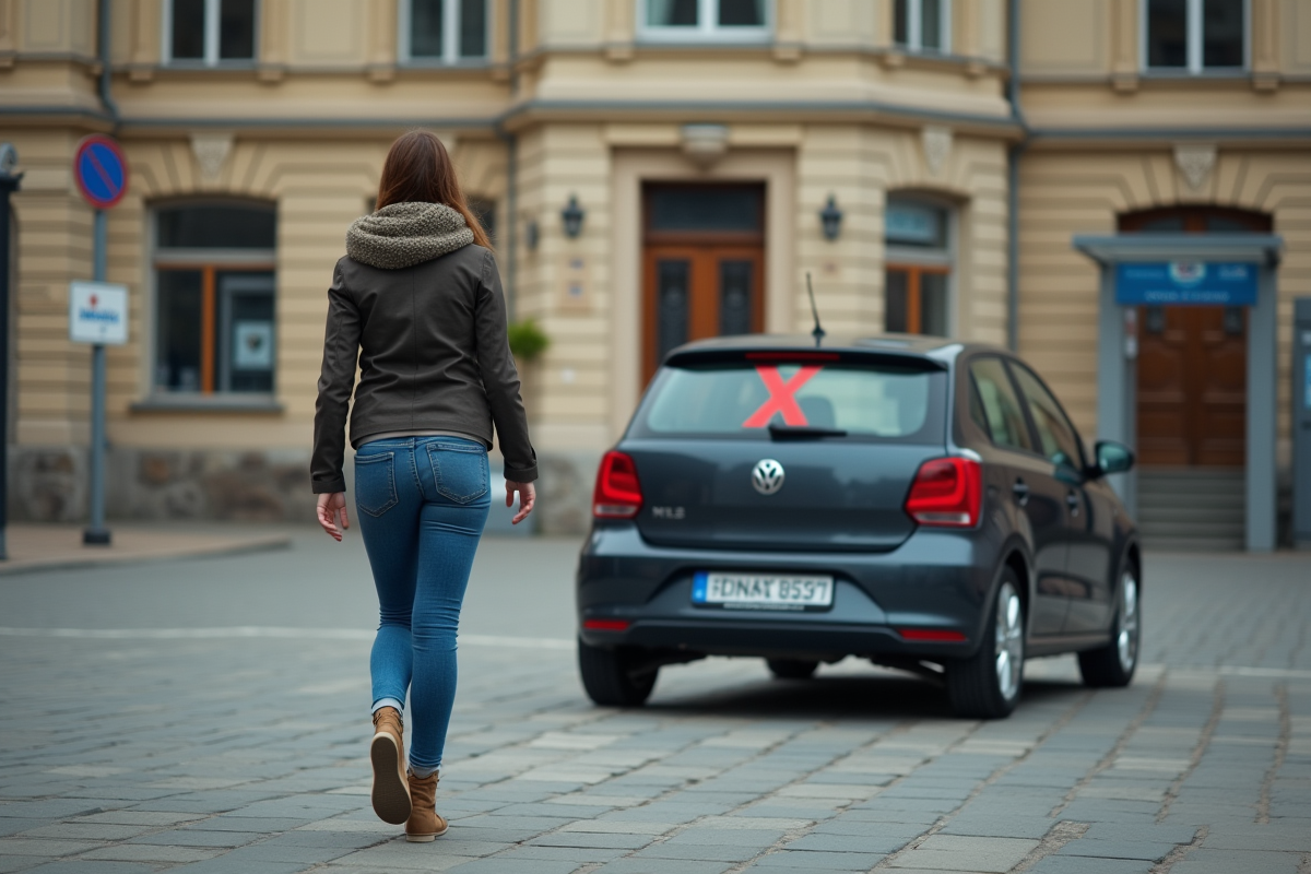 Jeune femme marche devant une voiture marquée