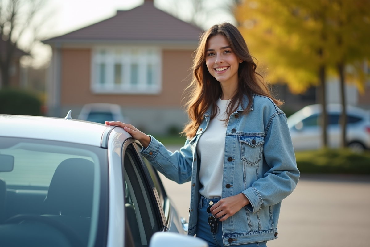 Jeune femme souriante près d'une voiture en ville
