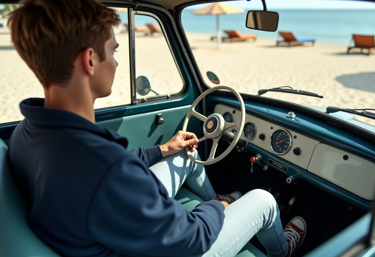 Jeune homme dans une Mini Moke sur une promenade côtière