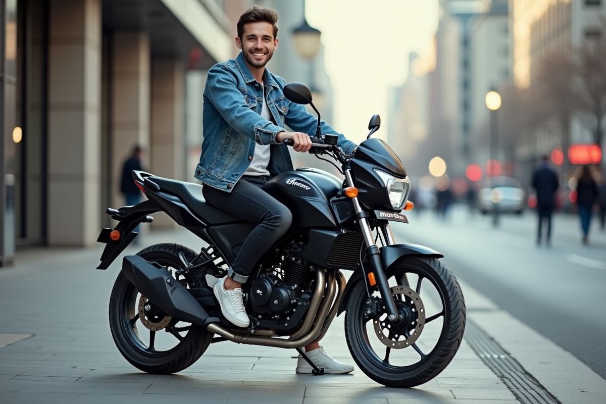 Jeune homme souriant sur une moto Avenger 125cc en ville