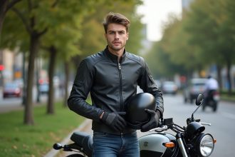 Jeune homme en moto moderne dans un parc urbain