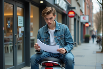 Jeune homme en denim vérifiant ses papiers d'assurance scooter
