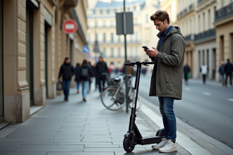 Jeune homme avec scooter électrique et permis numérique à Paris