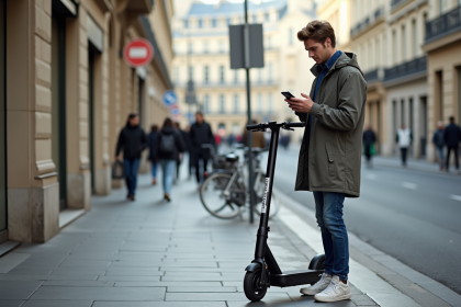 Jeune homme avec scooter électrique et permis numérique à Paris
