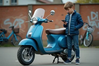 Jeune garçon de 14 ans examine un scooter usé en ville