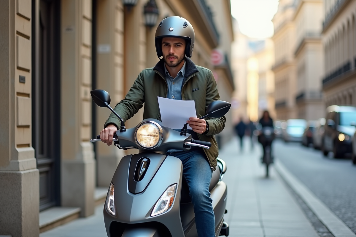 Jeune homme avec scooter en ville lors d'une journée ensoleillee