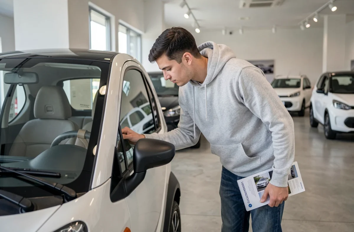 Jeune homme examinant une voiturette électrique dans une concession automobile