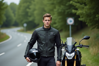 Jeune homme en veste moto protectrice avec casque à la main près d'une moto en campagne
