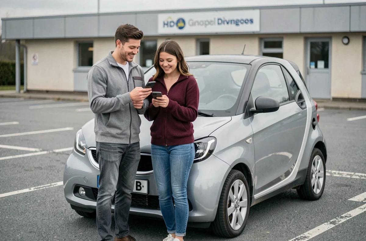 Deux jeunes adultes devant une voiture sans permis dans une auto-école