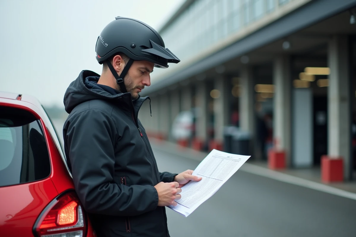 Journaliste automobile analysant les chronos du 0 à 100 d'une Peugeot 208 GTI dans le paddock