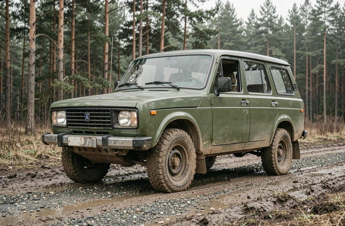 Lada 4x4 tout-terrain garé sur une piste forestière boueuse, importation parallèle en 2026