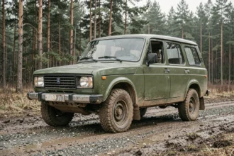 Lada 4x4 tout-terrain garé sur une piste forestière boueuse, importation parallèle en 2026