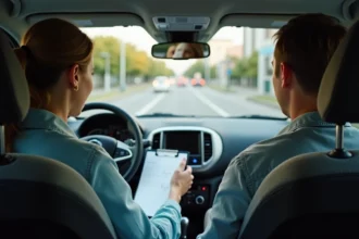 Jeune femme en leçon de conduite avec son moniteur d'auto-école dans une voiture moderne en milieu urbain