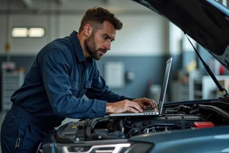 Mécanicien homme en atelier vérifiant un diagnostic auto