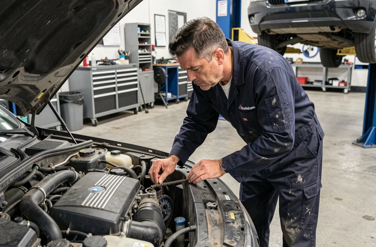 Mécanicien inspectant la chaîne de distribution d'un moteur BMW dans un atelier professionnel