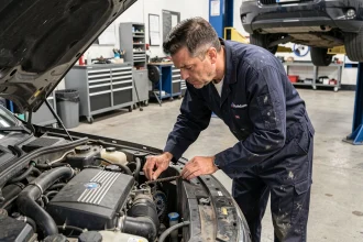 Mécanicien inspectant la chaîne de distribution d'un moteur BMW dans un atelier professionnel