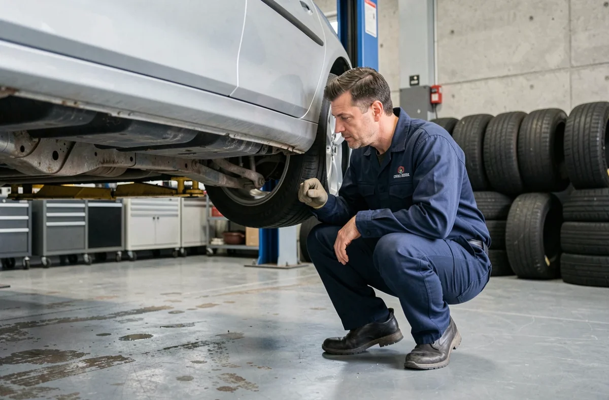 Mécanicien professionnel inspectant le châssis d'une voiture surélevée dans un garage automobile moderne en Essonne