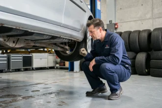 Mécanicien professionnel inspectant le châssis d'une voiture surélevée dans un garage automobile moderne en Essonne