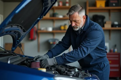 Homme moyenâgeux en combinaison mécanique installant un filtre à air sur une Subaru