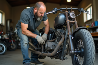 Mécanicien concentré sur la fixation d'un axe de trike en garage