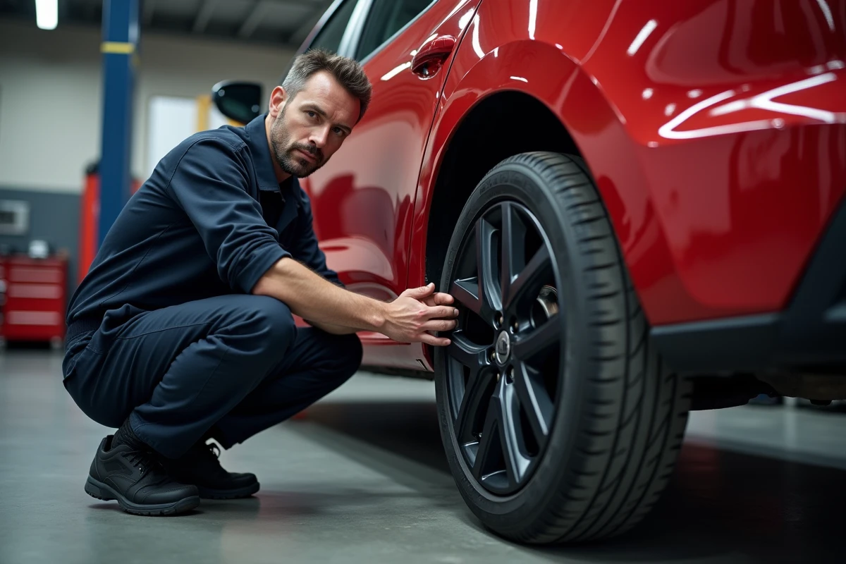 Mécanicien inspectant les roues d'une Renault Clio rouge dans un garage automobile, contexte de vérification du poids et des charges du véhicule
