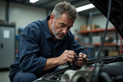 Mécanicien inspectant une courroie de voiture usée dans un atelier