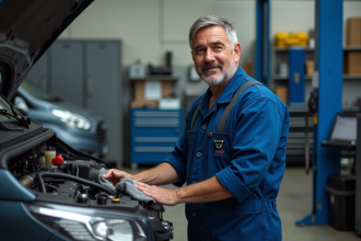 Mécanicien homme en overalls bleus dans un atelier automobile