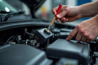 Mécanicien inspectant le moteur avec port diagnostic voiture