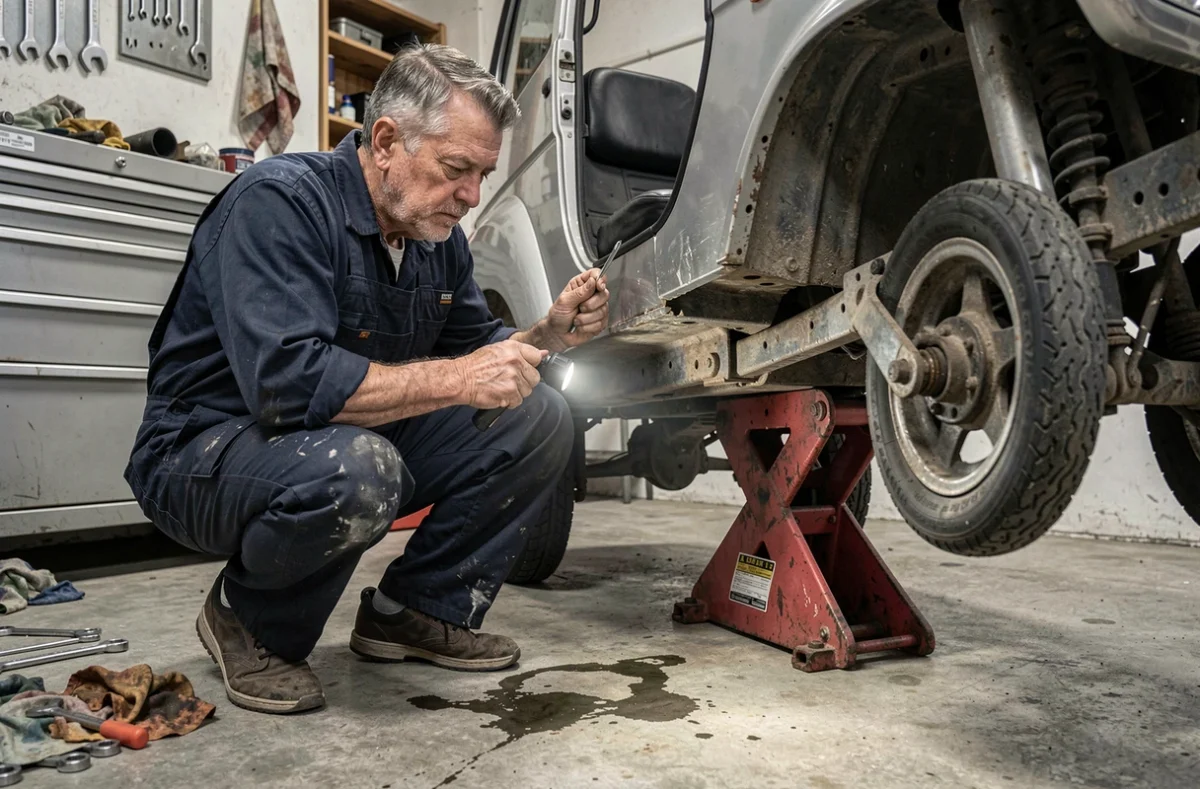 Un mécanicien inspecte le dessous d'une voiture sans permis d'occasion dans un atelier