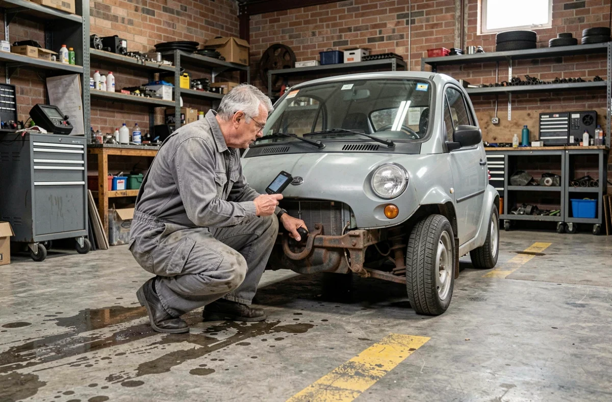 Mécanicien inspectant le dessous d'une voiture sans permis dans un garage automobile indépendant avant expertise