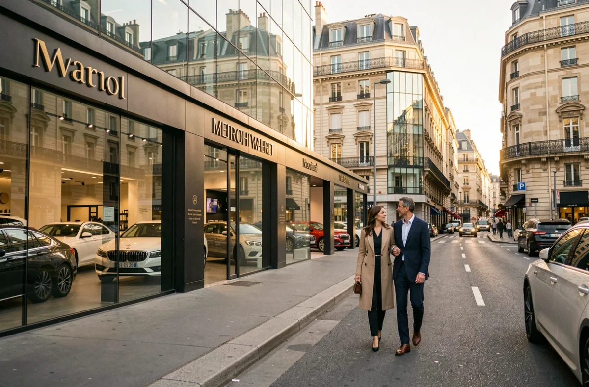 Boulevard parisien avec plusieurs concessions automobiles modernes et bâtiments haussmanniens en arrière-plan