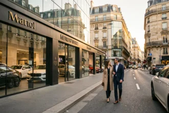 Boulevard parisien avec plusieurs concessions automobiles modernes et bâtiments haussmanniens en arrière-plan