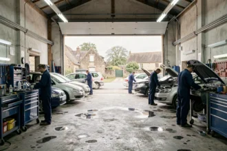 Vue panoramique d'un garage automobile professionnel en Normandie avec plusieurs mécaniciens au travail