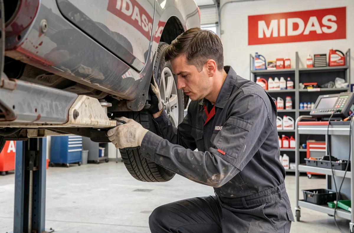 Mécanicien Midas effectuant un entretien multimarque sur une voiture surélevée dans le garage Midas Nantes Tertre