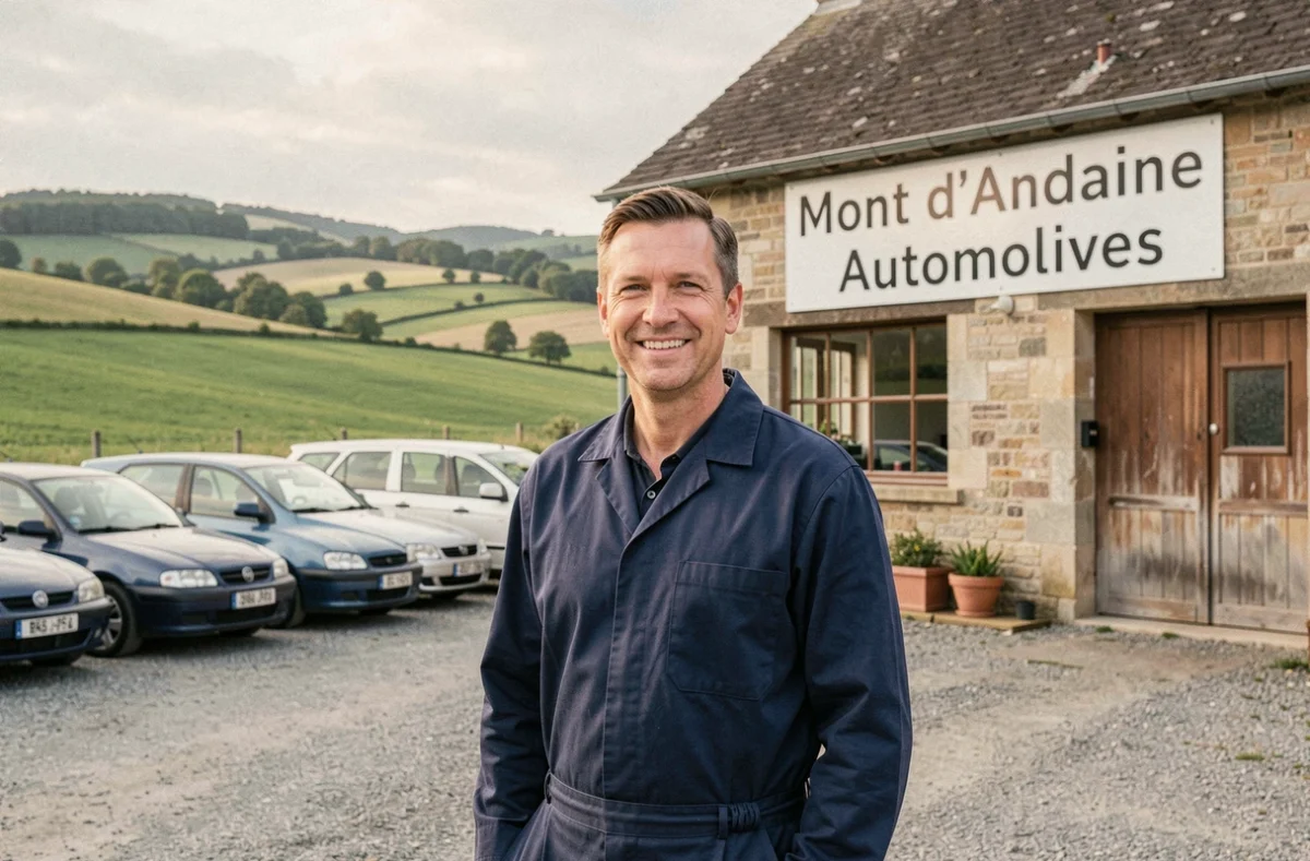 Mécanicien devant le garage Mont d'Andaine Automobiles avec vue sur les collines normandes