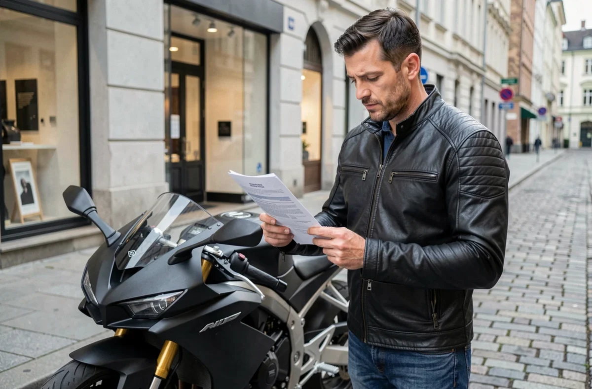 Motard examinant son contrat d'assurance moto tous risques devant sa moto garée en ville