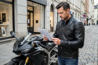 Motard examinant son contrat d'assurance moto tous risques devant sa moto garée en ville