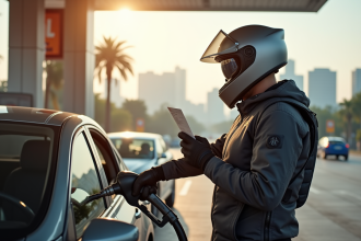 Motard en équipement moderne faisant le plein à la station