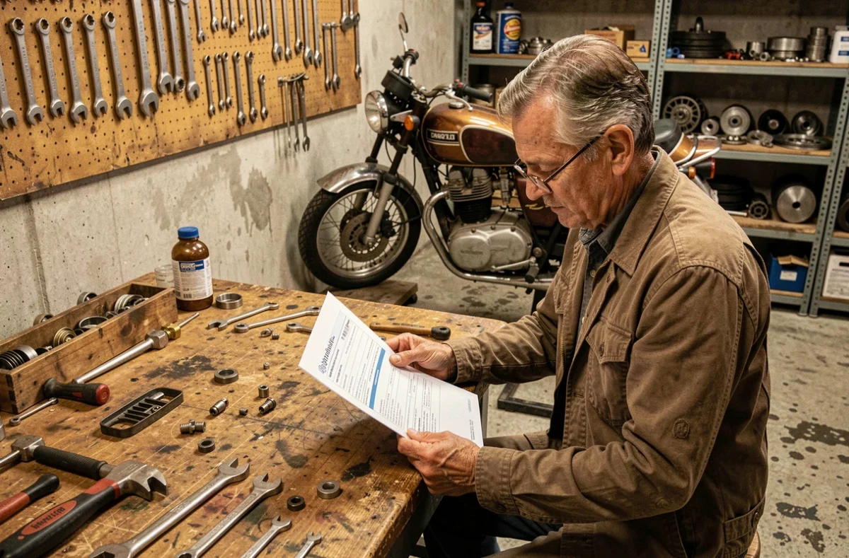 Motard passionné examinant un contrat d'assurance moto au kilomètre dans son garage avec sa moto vintage en arrière-plan
